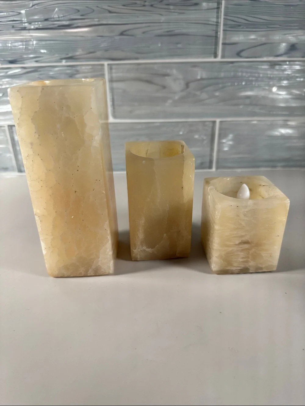 Ivory Stone-Look LED Pillar Candle Set
